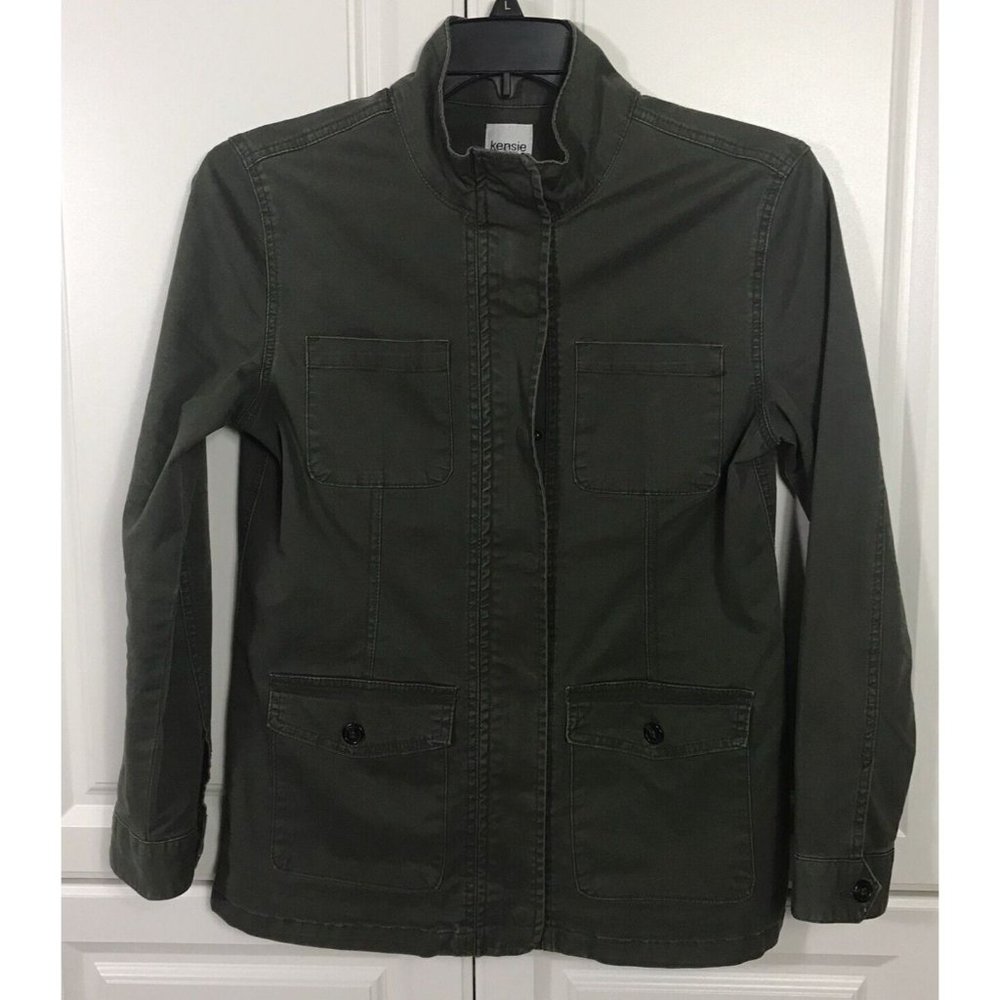 Kensie Womens Size M Utility Military Jacket Army Green Khaki Zip Pockets Casual